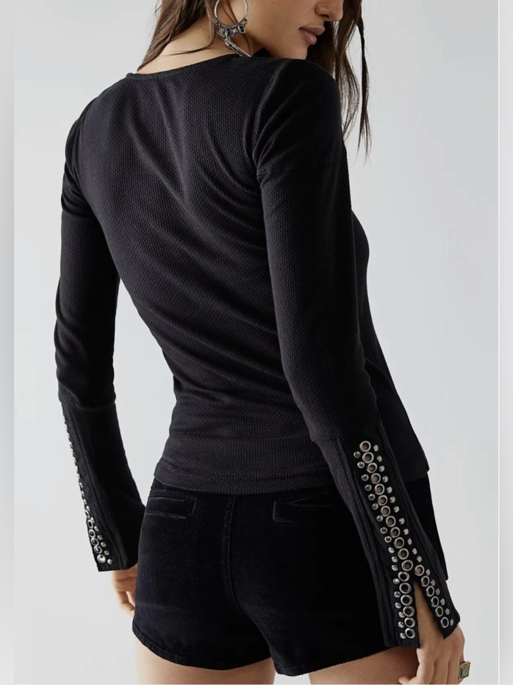 Free People A Little Unruly Black Waffle Stud Long Sleeve Ribbed Top Shirt L - Picture 2 of 15